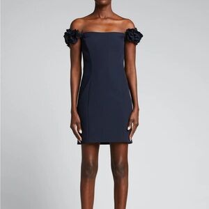 Marchesa Notte NWT  $495 Navy Blue Square Neck 3D Flower Cocktail Dress SIZE 10